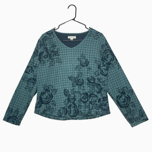 Y2k Women's Top Fleece Teal Houndstooth Floral Cottage Size S Grandma Cozy Artsy